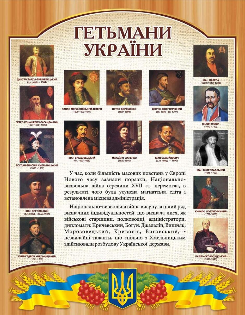 Гетьмани України. Стенд в історичний кабінет. 75х96х0,3 см, ціна 610 грн - Prom.ua (ID#100962183)