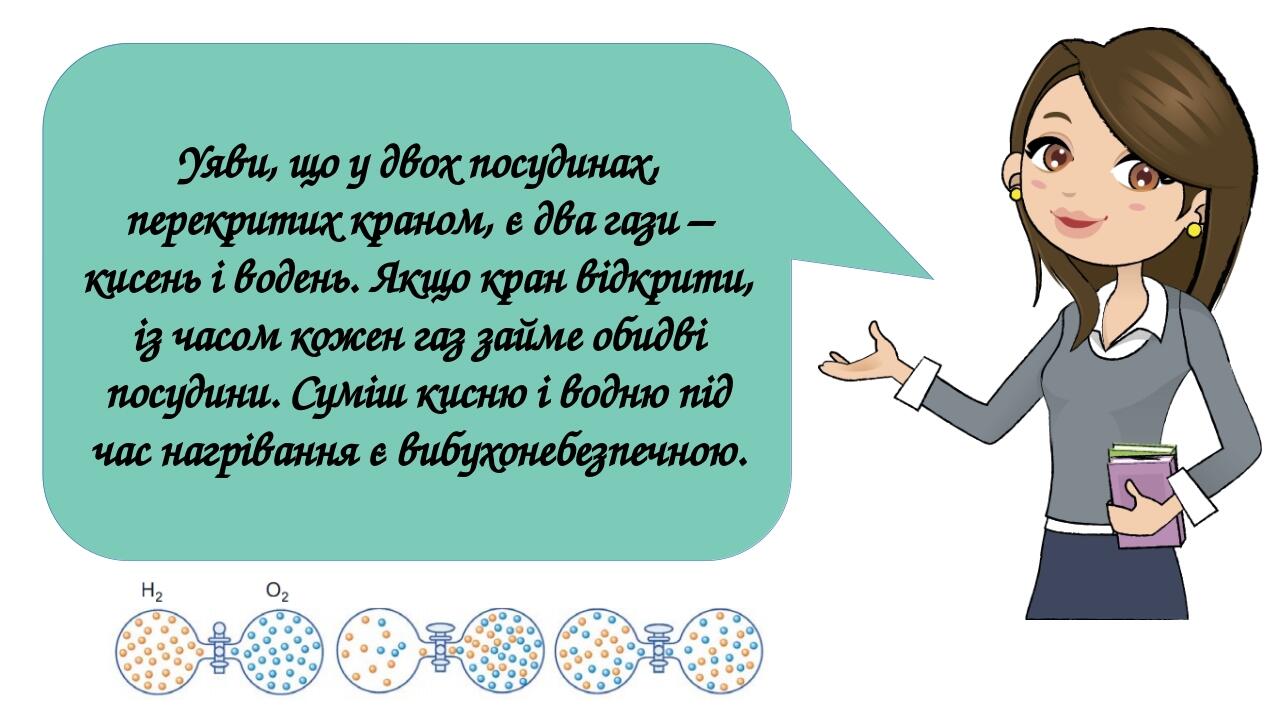 Сьогодні Уяви, що у двох посудинах, перекритих краном, є два гази – кисень і водень. Якщо кран відкрити, із часом кожен газ займе обидві посудини. ...
