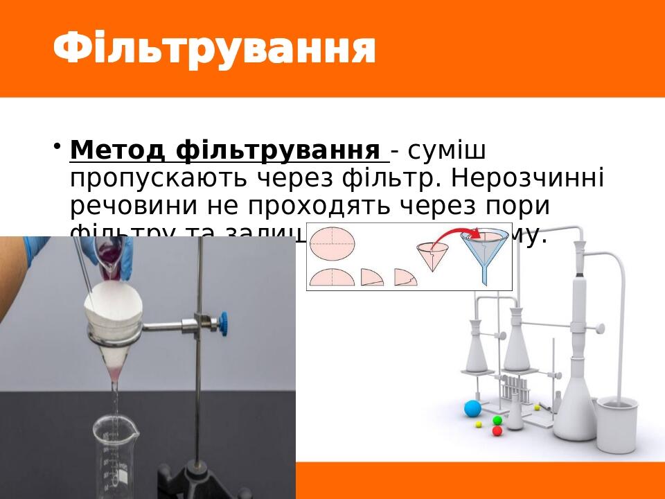 Фільтрування Метод фільтрування - суміш пропускають через фільтр. Нерозчинні речовини не проходять через пори фільтру та залишаються на ньому.