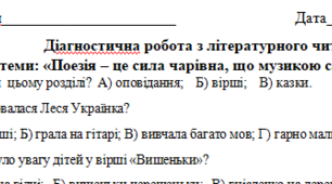 Діагностична робота з літературного читання з розділу «Поезія – це сила чарівна, що музикою серце надихає» (за підручником М.Вашуленко))
