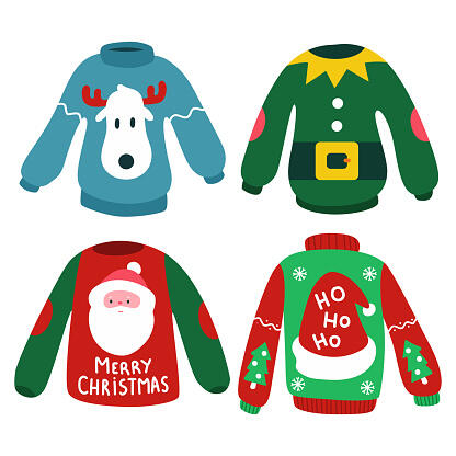 Christmas Jumper With Reindeer Elf Santa Head And Hat Vector Cartoon Set Isolated On A White Background Stock Illustration - Download Image Now - iStock