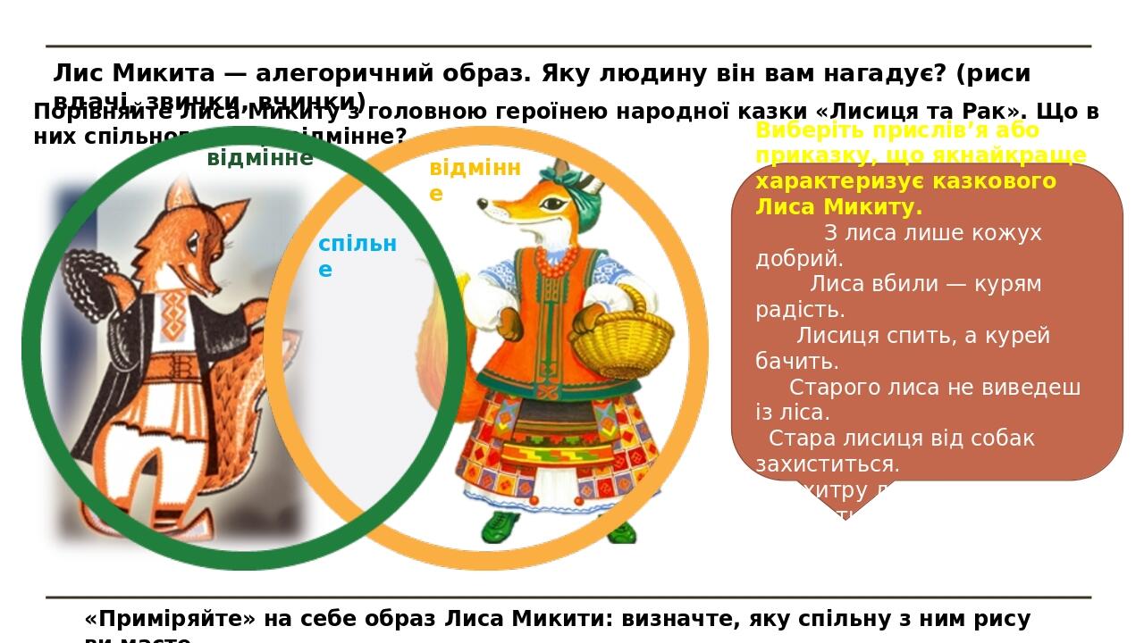 Лис Микита — алегоричний образ. Яку людину він вам нагадує? (риси вдачі, звички, вчинки) Порівняйте Лиса Микиту з головною героїнею народної казки ...
