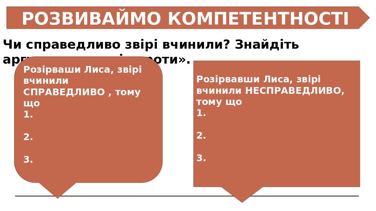 РОЗВИВАЙМО КОМПЕТЕНТНОСТІ Чи справедливо звірі вчинили? Знайдіть аргументи «за» і «проти». Розірваши Лиса, звірі вчинили СПРАВЕДЛИВО , тому що 1. 2...