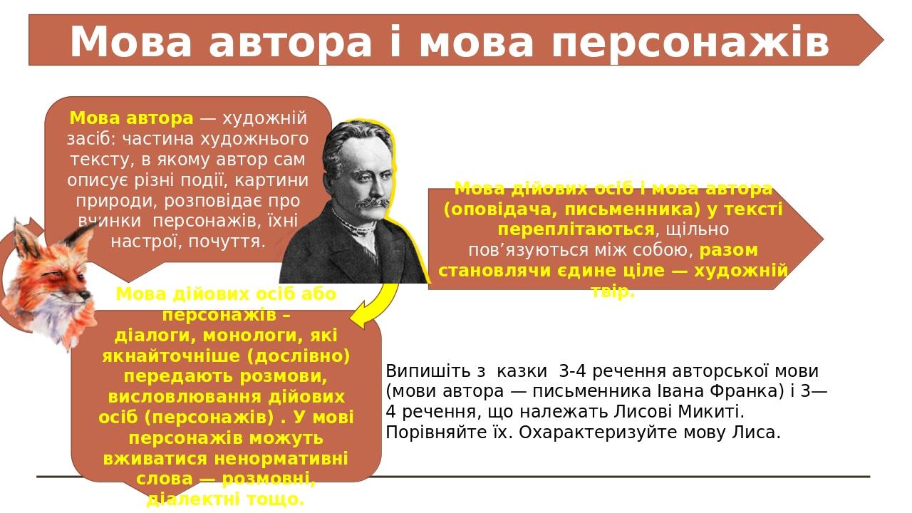 Мова автора і мова персонажів Мова автора — художній засіб: частина художнього тексту, в якому автор сам описує різні події, картини природи, розпо...