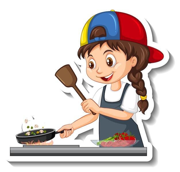 Free Vector | Cartoon character sticker with chef girl cooking