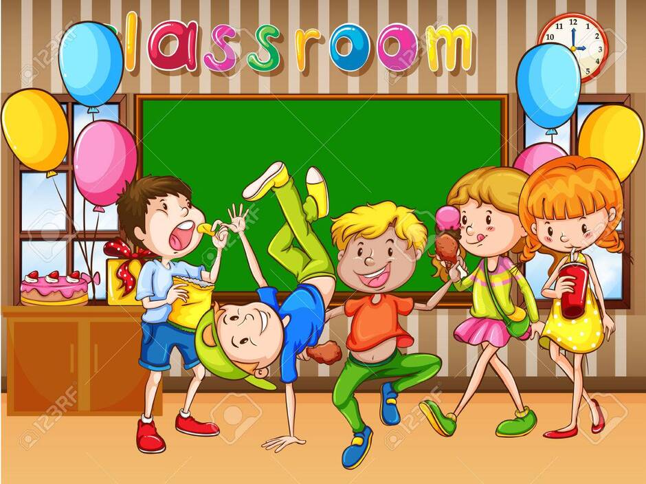 Classroom Scene With Kids Having Party Illustration Royalty Free SVG, Cliparts, Vectors, And Stock Illustration. Image 68518066.