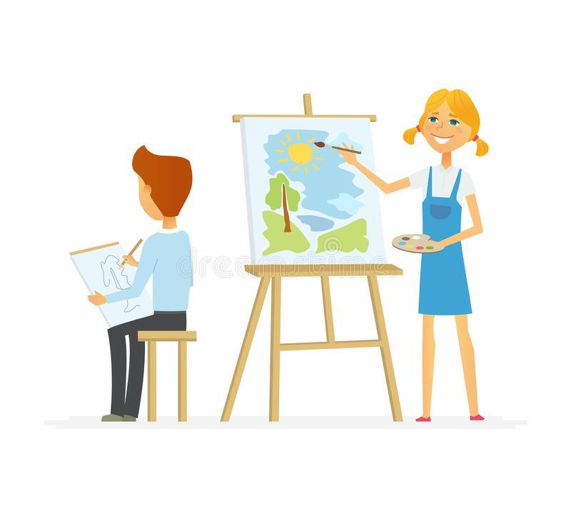 Two Children Drawing in Class - Cartoon People Characters Isolated Illustration Stock Vector - Illustration of girl, happy: 107456960
