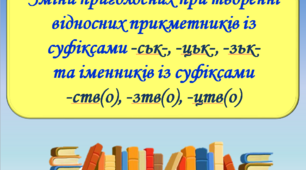 Презентація "Зміни приголосних при творенні відносних прикметників із суфіксами -ськ-, -цьк-, -зьк-  та іменників із суфіксами  -ств(о), -зтв(о), -цтв(о)", 6 клас