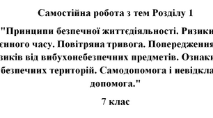 Самостійна робота з тем Розділу 1 "Принципи безпечної життєдіяльності. Ризики воєнного часу. Повітряна тривога. Попередження ризиків від вибухонебезпечних предметів. Ознаки небезпечних територій. Самодопомога і невідкладна допомога."