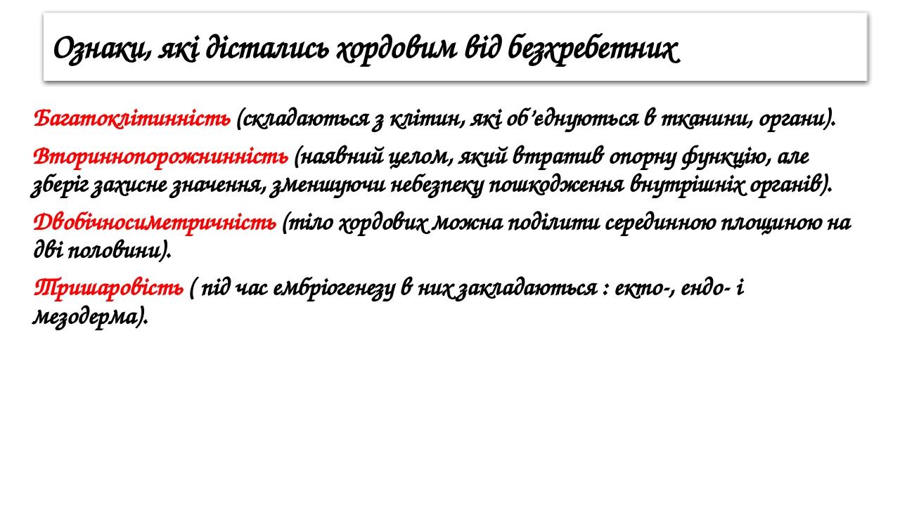 Ознаки, які дістались хордовим від безхребетних Багатоклітинність (складаються з клітин, які об’єднуються в тканини, органи). Вториннопорожнинність...