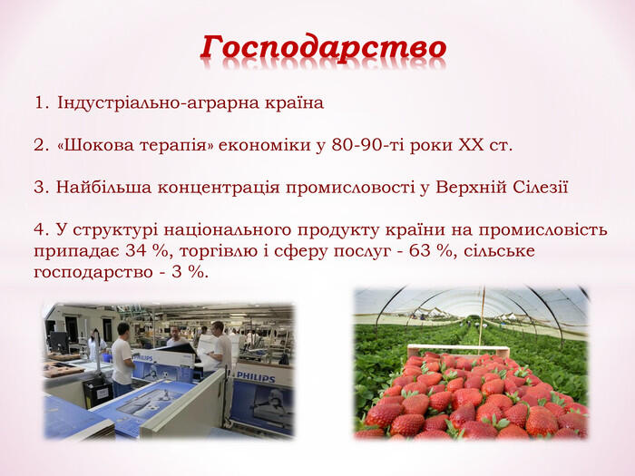 Індустріально-аграрна країна «Шокова терапія» економіки у 80-90-ті роки ХХ ст. 3. Найбільша концентрація промисловості у Верхній Сілезії 4. У структурі національного продукту країни на промисловість припадає 34 %, торгівлю і сферу послуг - 63 %, сільське господарство - 3 %.