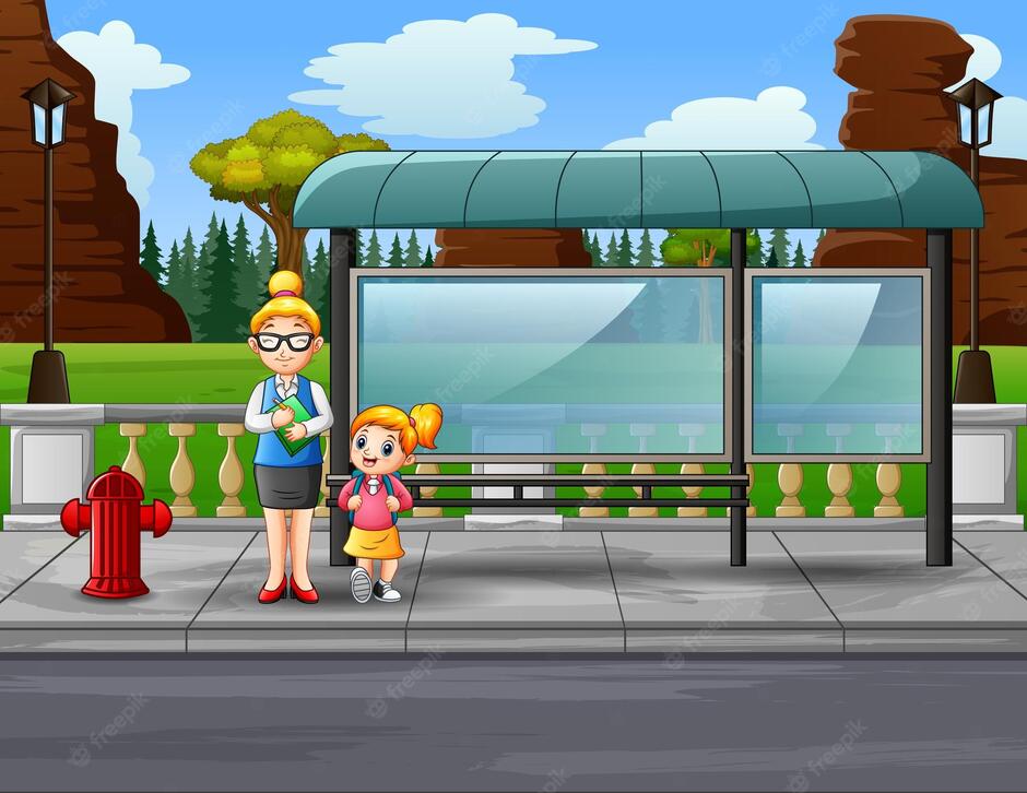 Premium Vector | Cartoon a woman teacher and her student at bus stop