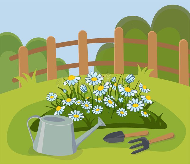 Flower Bed with Watering Can and Garden Tools. Stock Vector - Illustration of little, flowerpot: 213179437