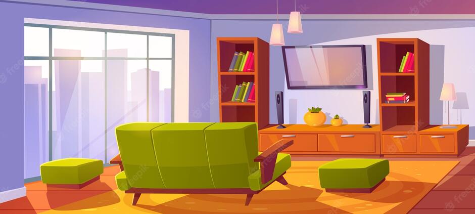 Free Vector | Living room interior with sofa and tv back view