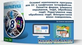 Основні компоненти програми для ОС з графічним інтерфейсом. Поняття форми, елемента керування, події, обробника події. Редагування коду обробника події. Використання вікон повідомлень.