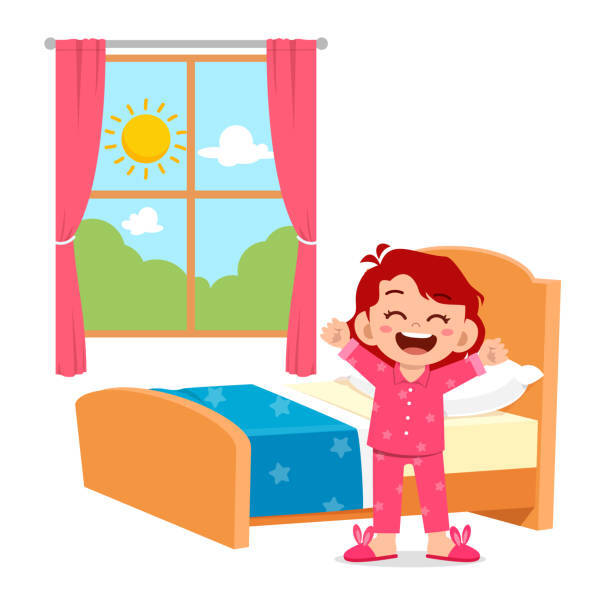 Happy Cute Little Kid Girl Wake Up In The Morning Stock Illustration - Download Image Now - Waking up, Child, Pajamas - iStock