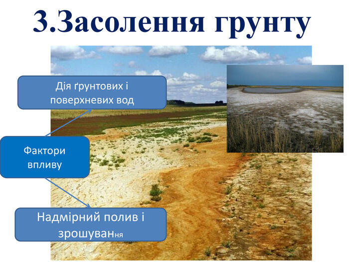 3. Засолення грунту. Фактори впливу. Дія ґрунтових і поверхневих вод. Надмірний полив і зрошування 