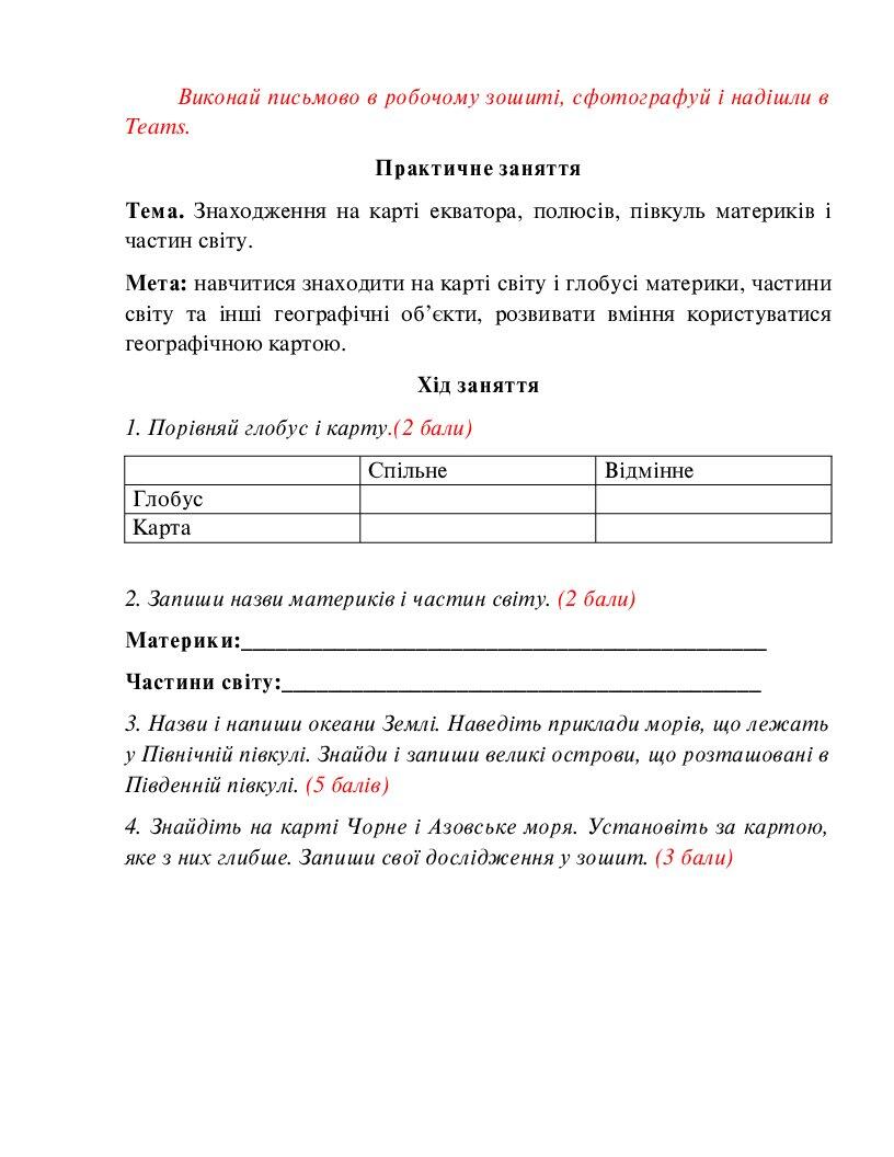 Інструкційна картка до уроку "Способи зображення Землі". 5 клас. НУШ ...