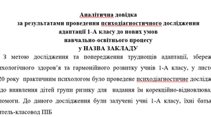 аналітична довідка за результатами проведення психодіагностичного дослідження адаптації 1-А класу