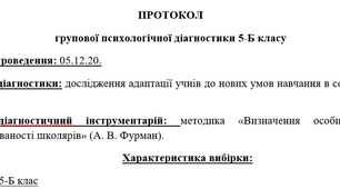 Протокол методики  «Визначення особистісної адаптованості школярів» (А. В. Фурман).