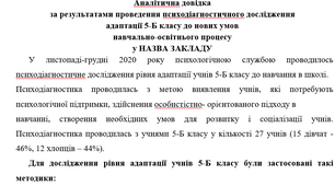 аналітична довідка за результатами проведення психодіагностичного дослідження адаптації 5-Б класу