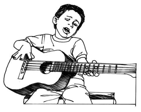 Розмальовка Хлопчик грає на гітарі | Розмальовки для дітей друк онлайн