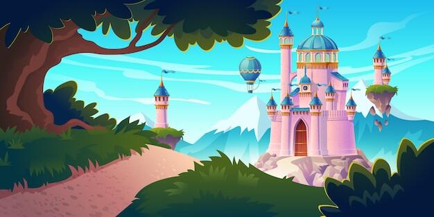 Pink magic castle, princess or fairy palace at mountains with rocky road lead to gates with flying turrets and air balloons in sky. fantasy fortress, medieval architecture. cartoon illustration
