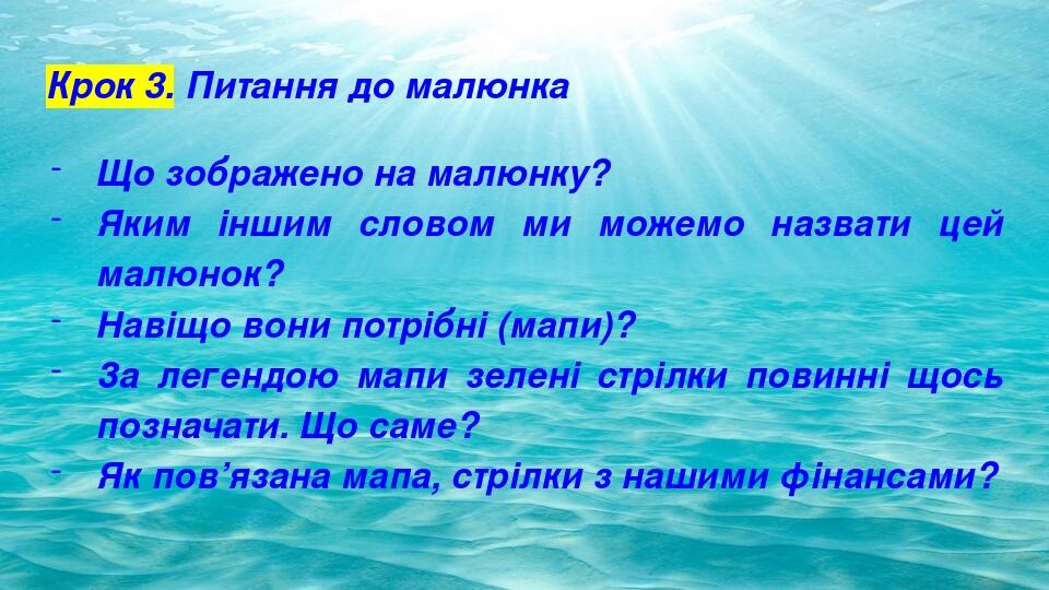 Крок 3. Питання до малюнка Що зображено на малюнку? Яким іншим словом ми можемо назвати цей малюнок? Навіщо вони потрібні (мапи)? За легендою мапи ...