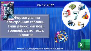 Презентація "Форматування електронних таблиць. Типи даних: числові, грошові, відсоткові, дати, текстові"   7 клас