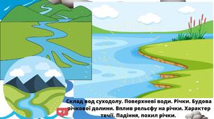 Презентація + робочий аркуш "Склад вод суходолу. Поверхневі води. Річки. Будова річкової долини. Вплив рельєфу на річки. Характер течії. Падіння, похил річки"