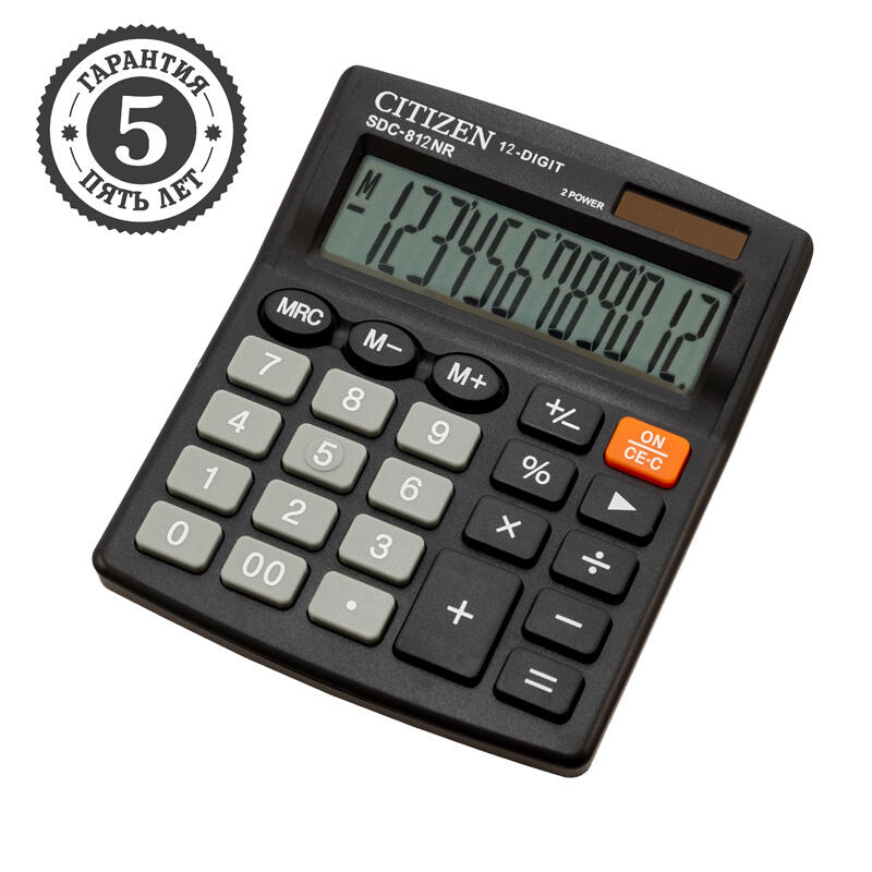 Калькулятор настольный Citizen SDC-812NR, 12 разрядов, двойное питание, 102*124*25мм, черный купить оптом