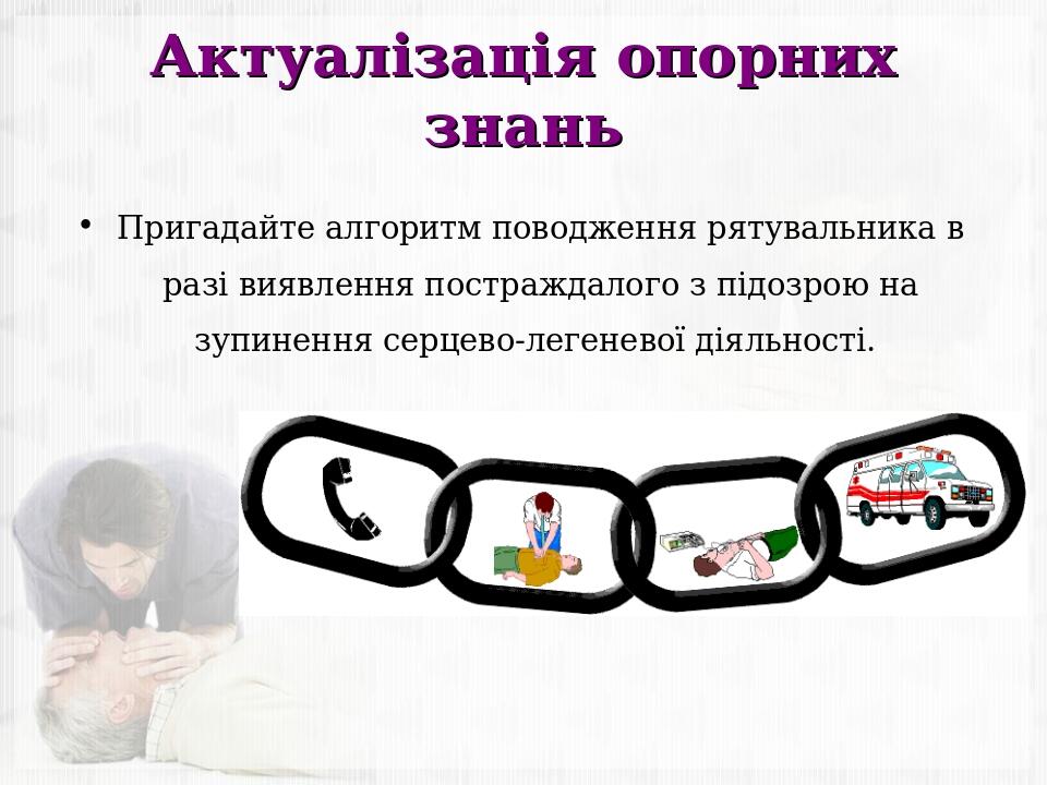 Актуалізація опорних знань Пригадайте алгоритм поводження рятувальника в разі виявлення постраждалого з підозрою на зупинення серцево-легеневої дія...