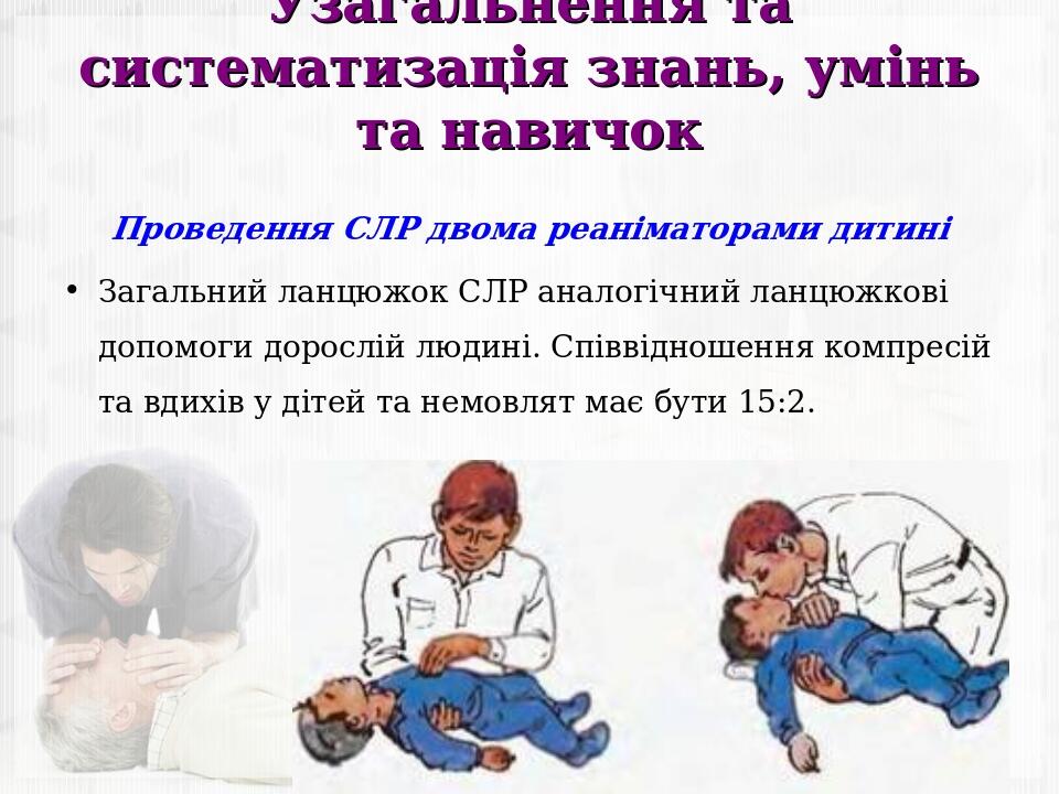 Узагальнення та систематизація знань, умінь та навичок Проведення СЛР двома реаніматорами дитині Загальний ланцюжок СЛР аналогічний ланцюжкові допо...