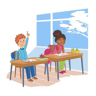 Free vector children in classroom schoolboy and schoolgirl in uniform cartoon characters diligent elementary school pupils exemplary students classmates at lesson boy raising hand