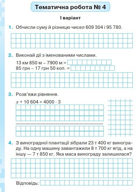 На зображенні може бути: текст «тематична робота № I варіант 1. обчисли суму й різницю чисел 609 304 95 780. 2. виконай дĩ° 3 менованими числами. 13 KM 850 900 M 85 грн 17 rpH 50 коп. 3. розв яжи рвняння. x+ 10 604 4000 3 3 виноградной плантац! збрали 23 T 400 кг виногра- ду. на одну машину завантажили 8 T 700 кг ягд, a на ншу —7t850 кг. яка маса винограду залишилася? вịдповдь:»