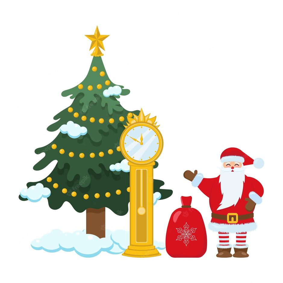 Premium Vector | Santa claus stands next to the christmas tree and the clock