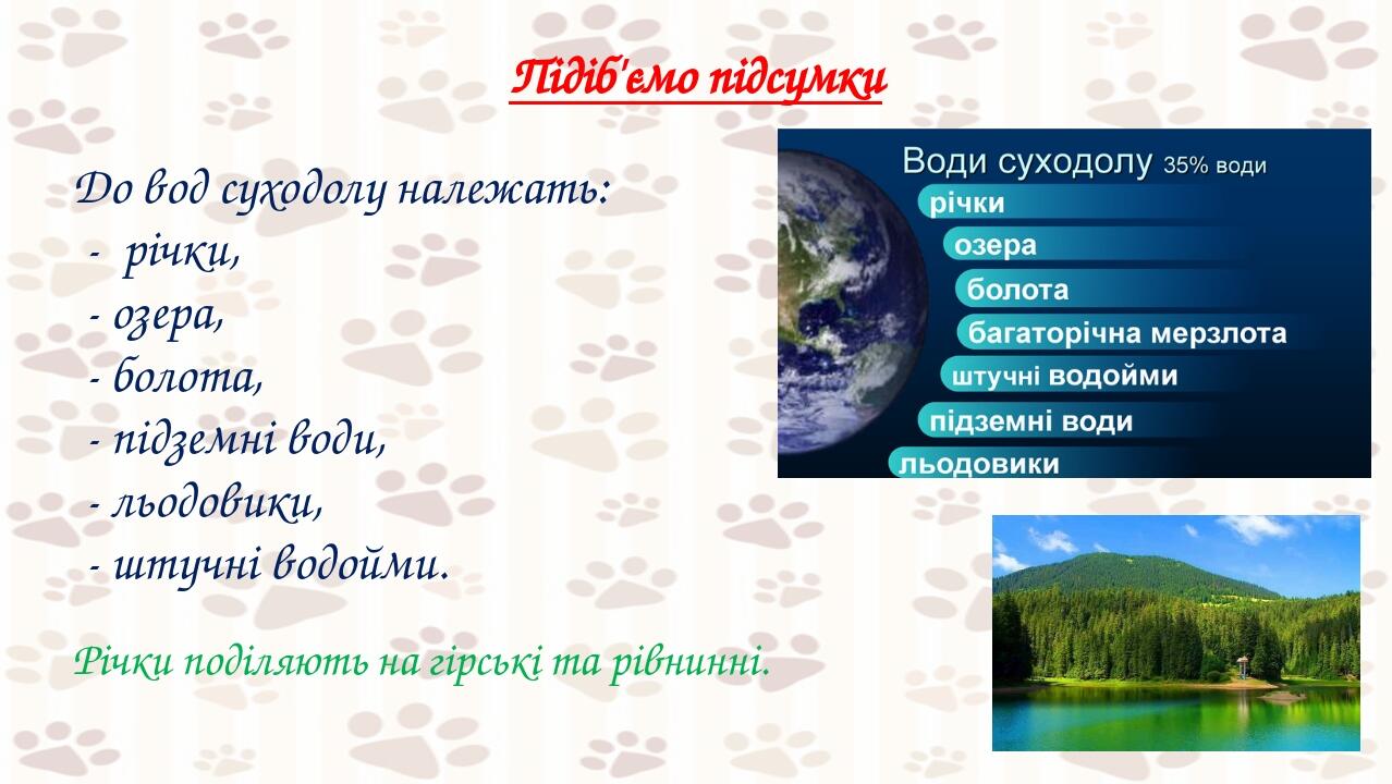 Підіб'ємо підсумки До вод суходолу належать: - річки, - озера, - болота, - підземні води, - льодовики, - штучні водойми. Річки поділяють на гірські...