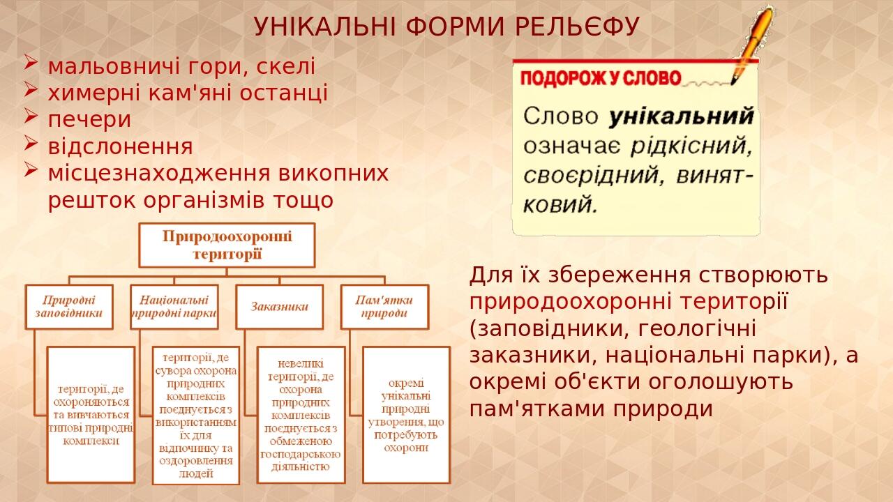 УНІКАЛЬНІ ФОРМИ РЕЛЬЄФУ мальовничі гори, скелі химерні кам'яні останці печери відслонення місцезнаходження викопних решток організмів тощо Для їх з...