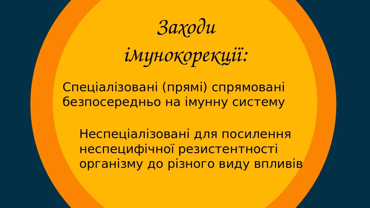 Заходи імунокорекції: Спеціалізовані (прямі) спрямовані безпосередньо на імунну систему Неспеціалізовані для посилення неспецифічної резистентності...