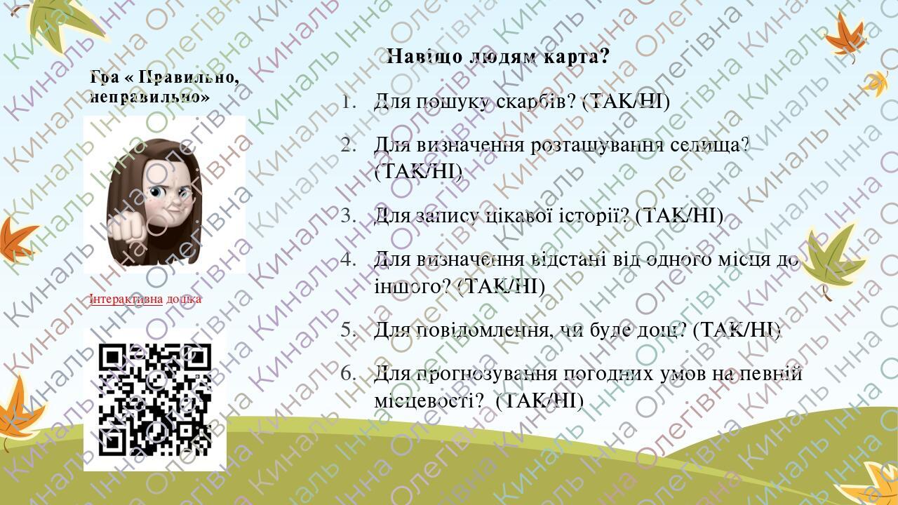 Гра « Правильно, неправильно» Навіщо людям карта? Для пошуку скарбів? (ТАК/НІ) Для визначення розташування селища? (ТАК/НІ) Для запису цікавої істо...