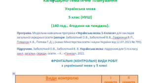 Календарно-тематичне планування на І-ІІ семестри. Українська мова . 5 клас (НУШ)