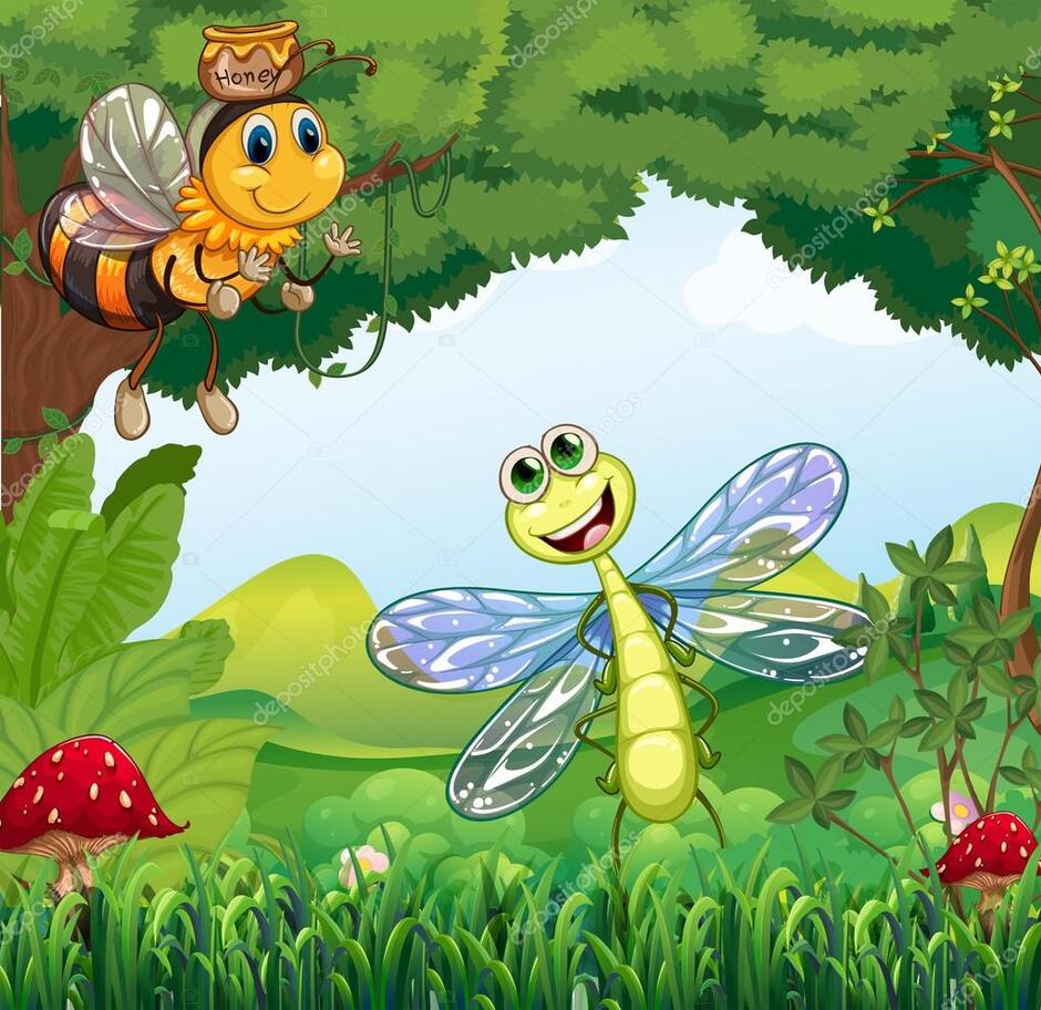 Una libellula e un'ape nella foresta - Grafica Vettoriale © interactimages 28311453 | Depositphotos