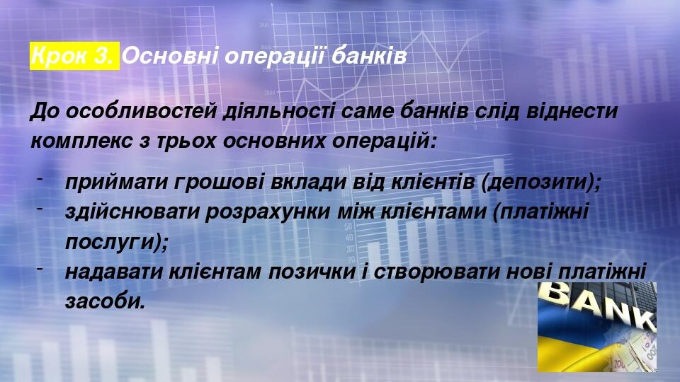 Крок 3. Основні операції банків До особливостей діяльності саме банків слід віднести комплекс з трьох основних операцій: приймати грошові вклади ві...