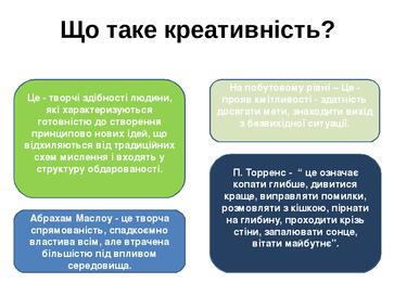 Що таке креативність? Це - творчі здібності людини, які характеризуються готовністю до створення принципово нових ідей, що відхиляються від традиці...