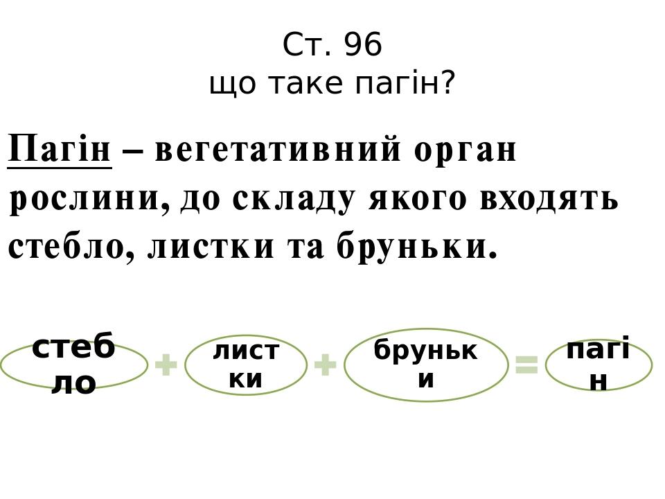 Ст. 96 що таке пагін? Пагін – вегетативний орган рослини, до складу якого входять стебло, листки та бруньки.