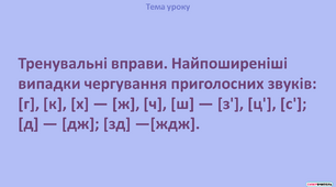 Презентація "Тренувальні вправи. Найпоширеніші випадки чергування приголосних звуків: [г], [к], [х] — [ж], [ч], [ш] — [з'], [ц'], [с']; [д] — [дж]; [зд] — [ждж] "
