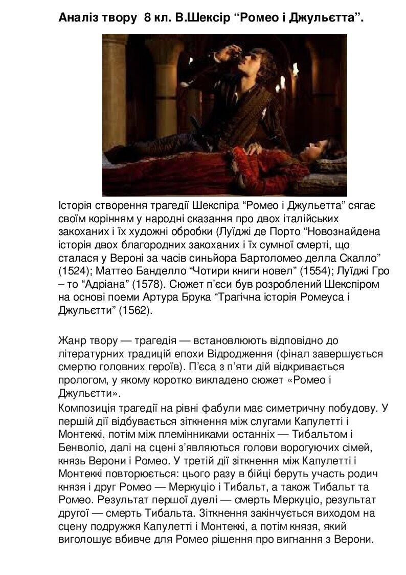 Аналіз твору 8 кл. В.Шекпсір “Ромео і Джульєтта”. | Презентація ...