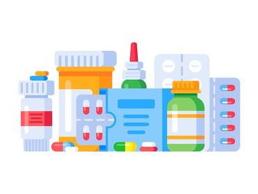 Лекарственные препараты. таблетки и аптека бутылки с наркотиками, плоская иллюстрация | Премиум векторы