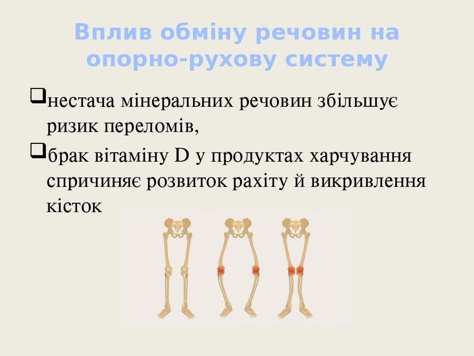 Вплив обміну речовин на опорно-рухову систему нестача мінеральних речовин збільшує ризик переломів, брак вітаміну D у продуктах харчування спричиня...