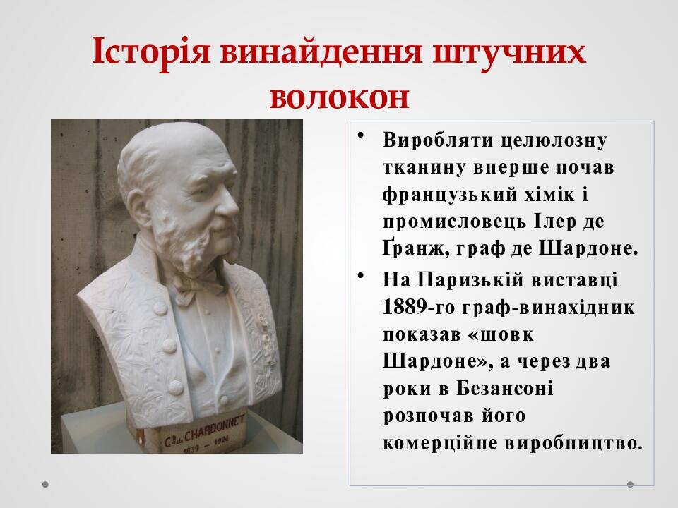 Історія винайдення штучних волокон Виробляти целюлозну тканину вперше почав французький хімік і промисловець Ілер де Ґранж, граф де Шардоне. На Пар...